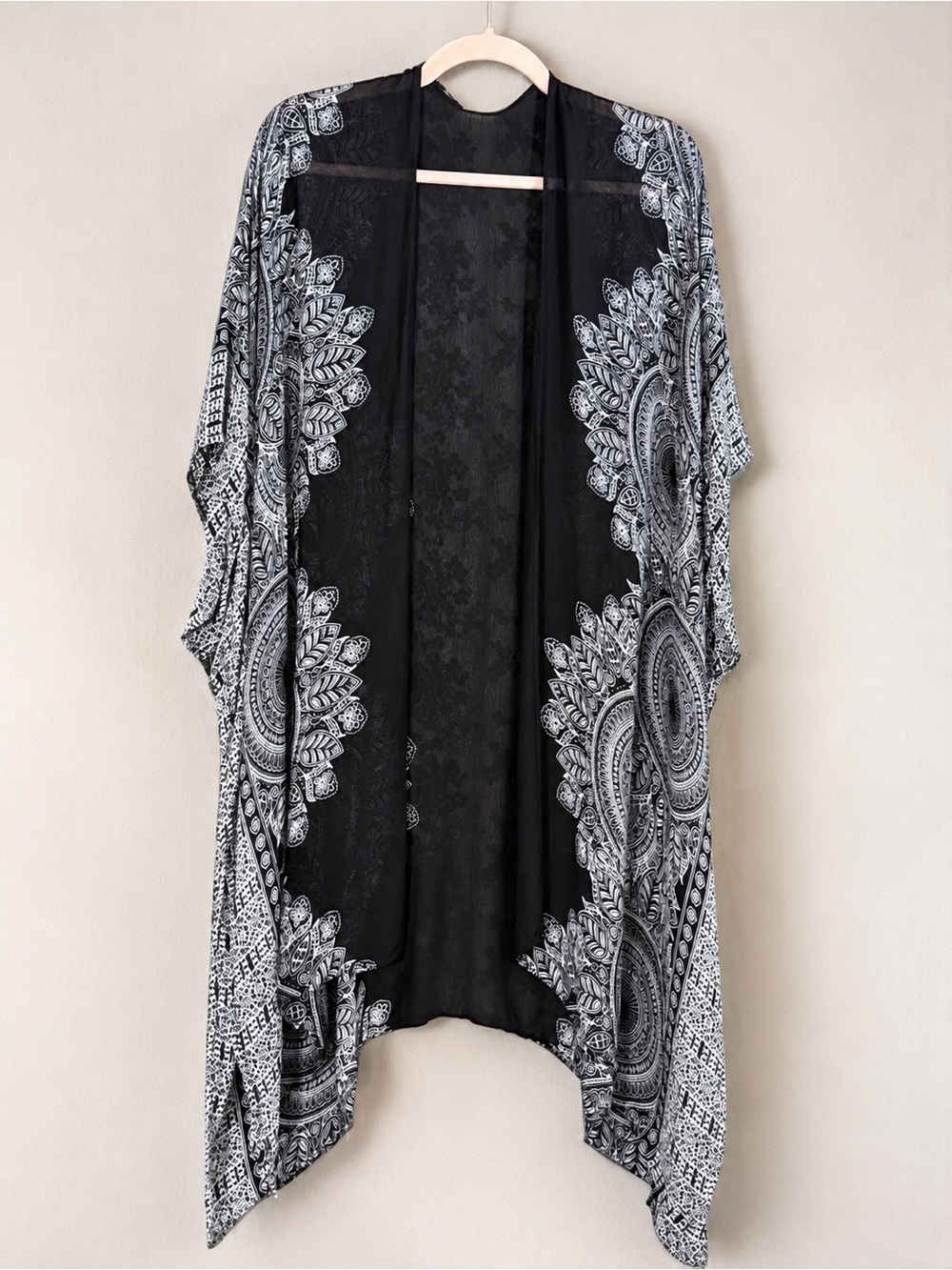 Black & White Mandala Kimono Duster | Boho Whimsigoth Sheer Long Cardigan